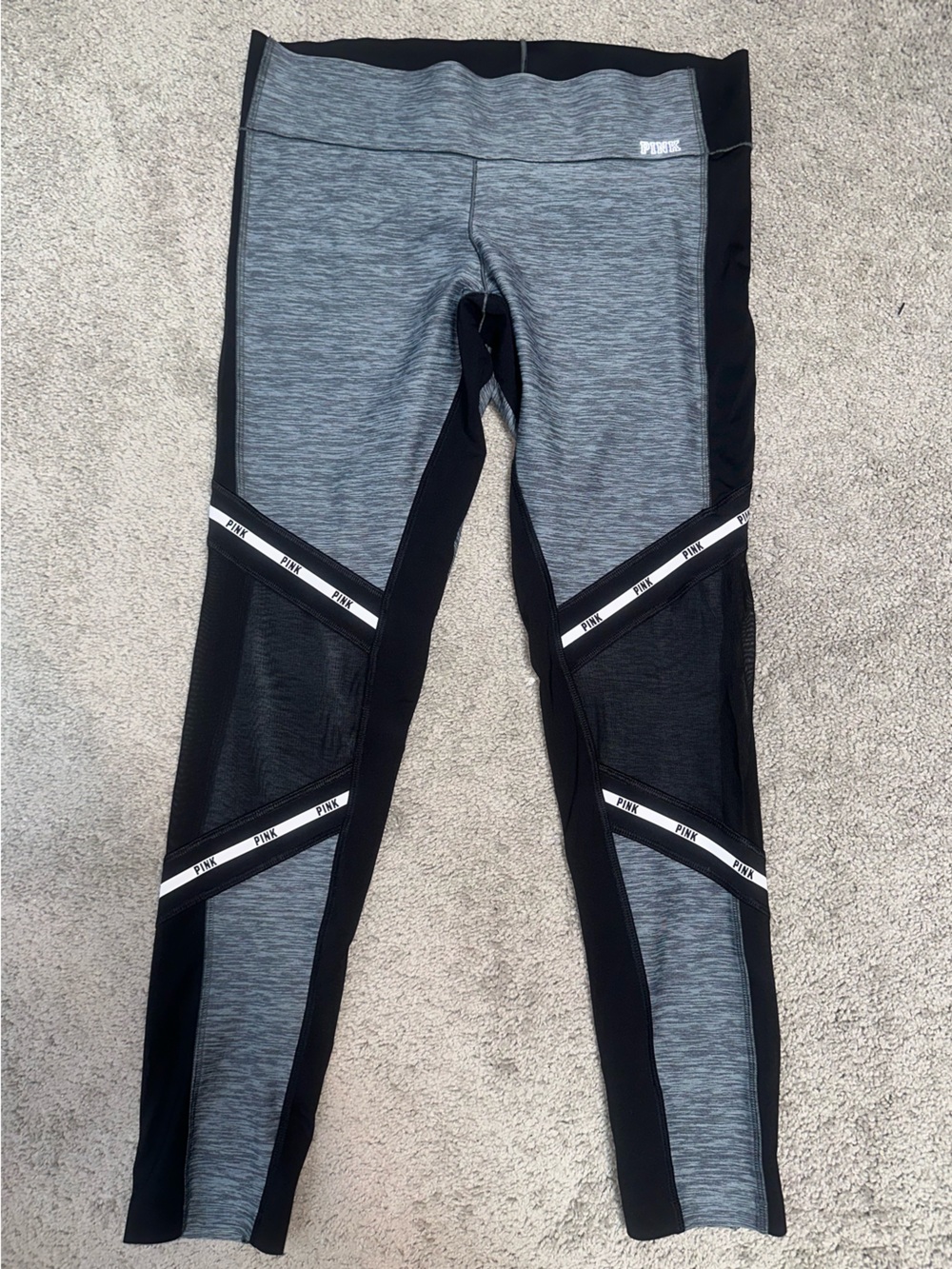 PINK Victoria's Secret Seamless Gray & Black Mesh-Panel Leggings with Logo Tape
